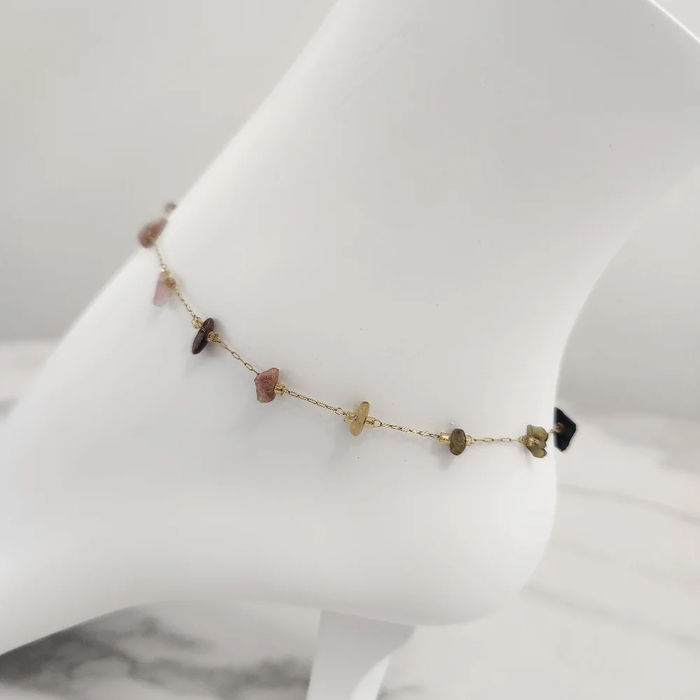 Minimalist Multicolor Dainty Stones 18K Gold Plated Anklet - Picture 4 of 15